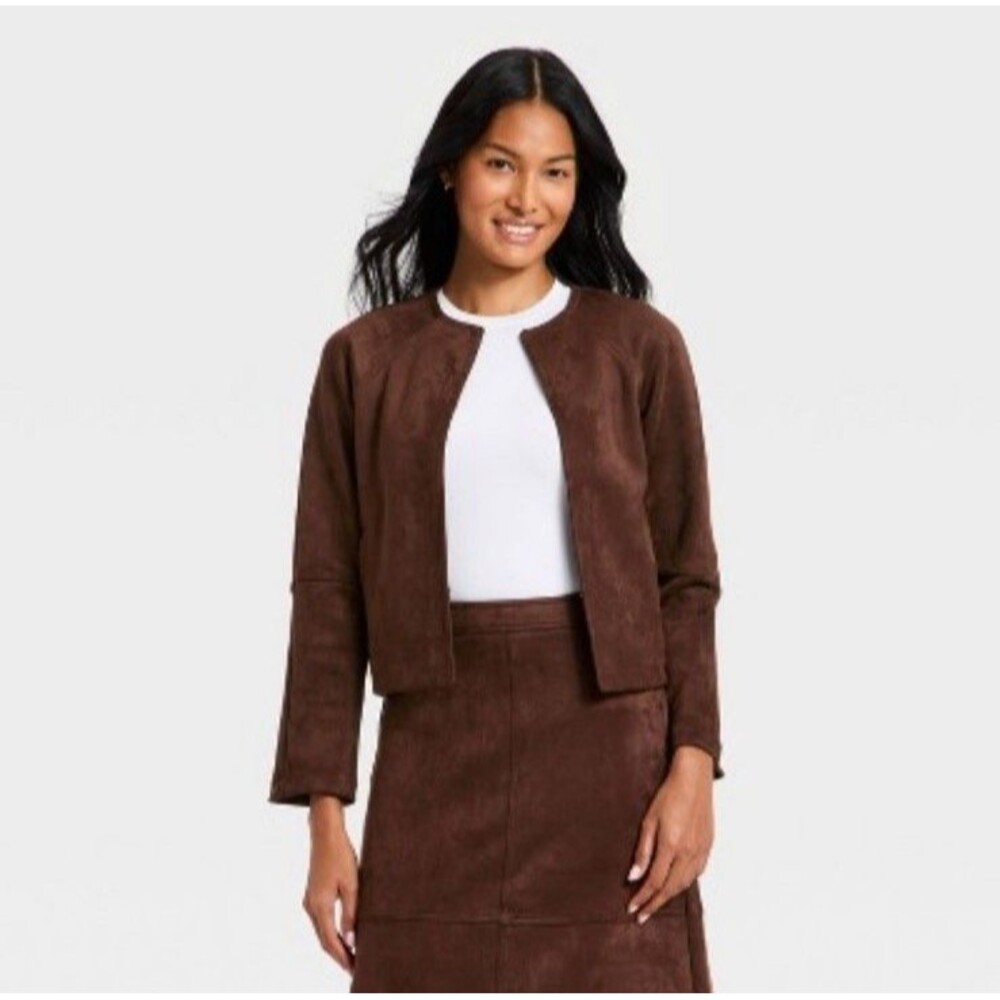 NWT A New Day Faux Suede Jacket Hook Closure Brown - Size Small
